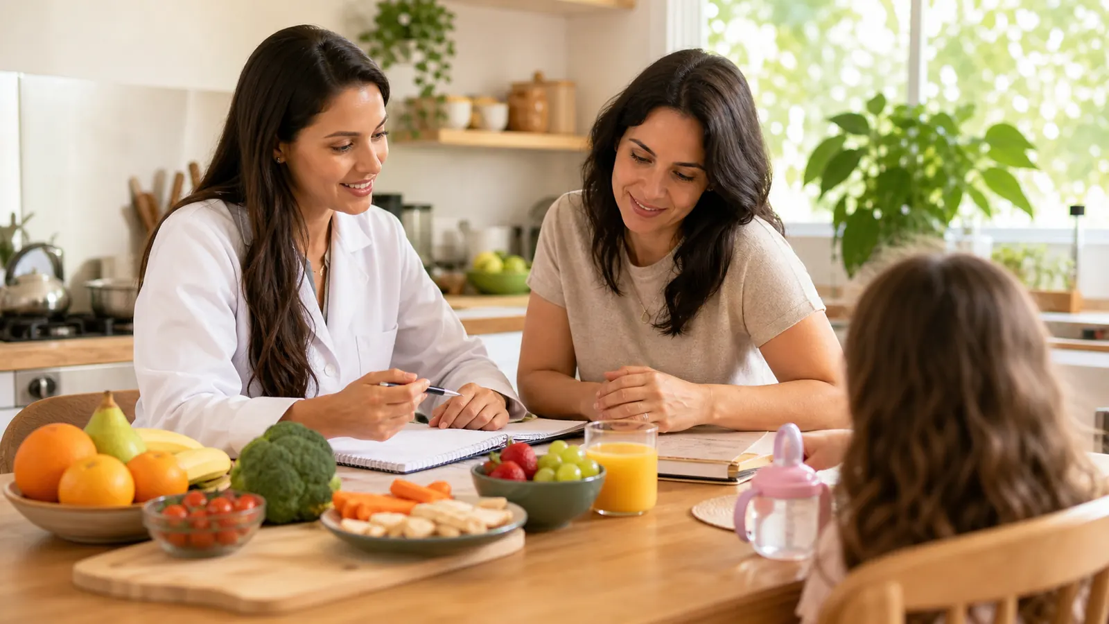 Nutricionista orientando uma família sobre a alimentação de uma criança em casa