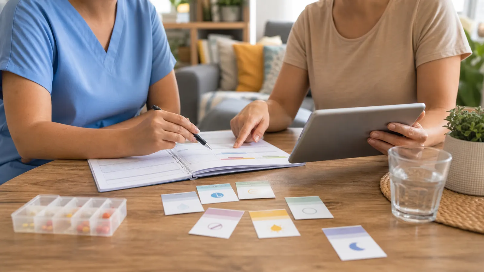Profissional e familiar organizando um plano de cuidados pediátricos em casa