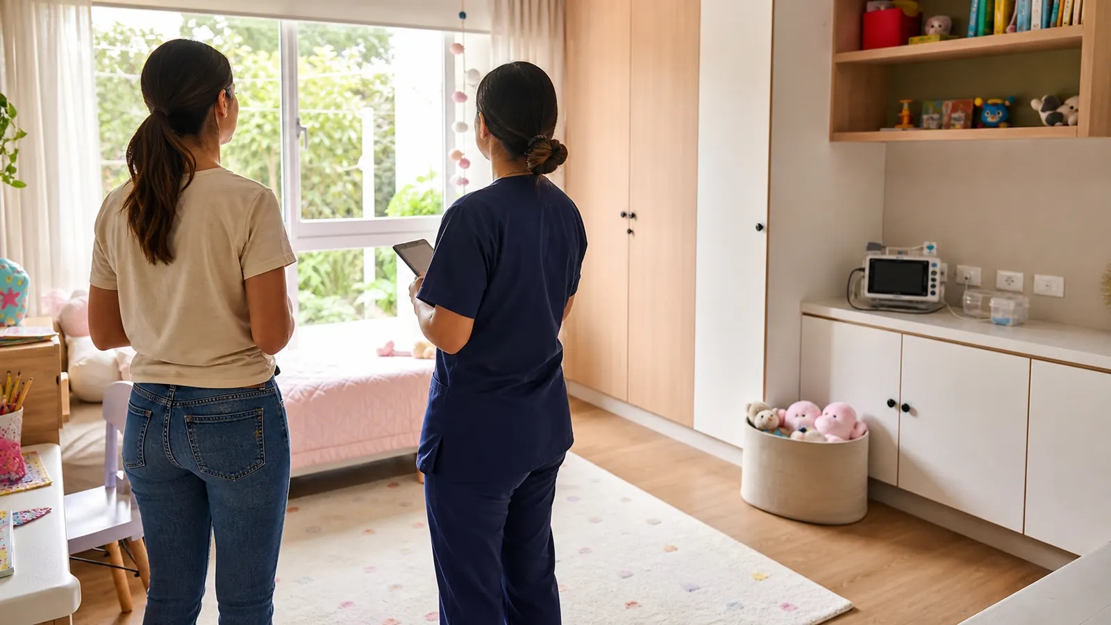 Ambiente doméstico organizado para assistência pediátrica e circulação da equipe